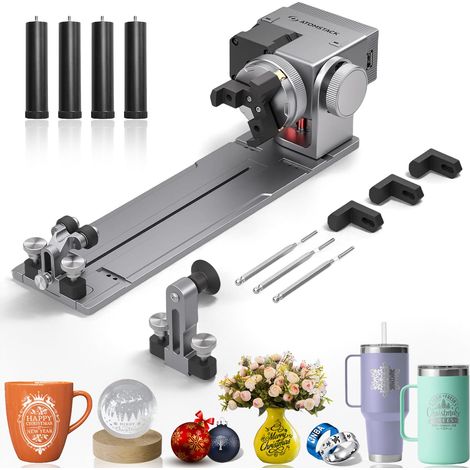 Mandrin rotatif pour machine à graver laser P1, avec 4 pieds de levier, pour gravure sur objets cylindriques, boules, anneaux et formes irrégulières (R8) (1/5)