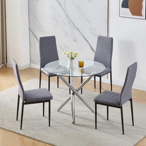 90x90 Round Table and Chairs, Round Glass Table with Chairs, Dining Table Set of 2/4 (Linen, Grey, With 4 Chairs) (1/5)