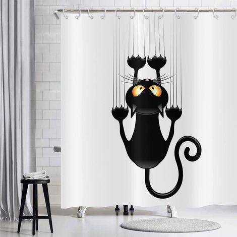 Rideau de Douche Chat Drôle 180x180, Chat Noir Gratte Le Mur, Baignoire Enfants, Animal de Dessin Animé, Tissu Étanche Lavable