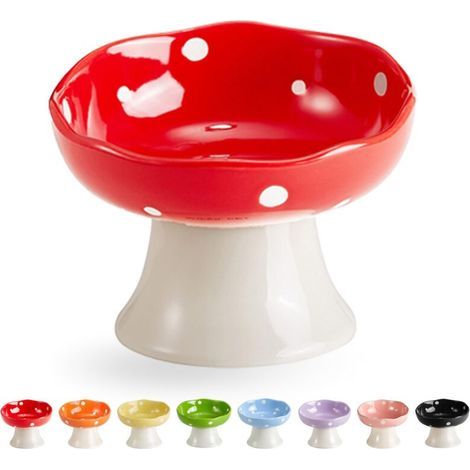 Gamelle surélevée en céramique en forme de champignon pour chat, gamelle surélevée inclinée pour animaux de compagnie (rouge) (1/5)
