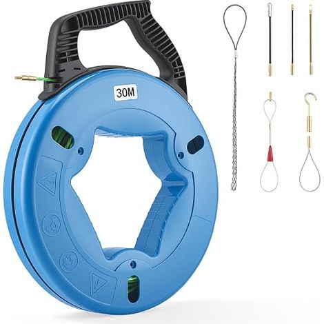 Tire Fils Aiguille Electricien 30m, Φ 4,5mm Tire Fil Spirale de Tirage de Câble avec 7 Adaptateurs, Tire-Fibre Optique pour Tubes Vides, Électricité et Fibre Optique (Bleu) (1/5)