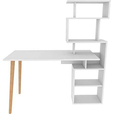 Bureau avec étagères bois blanc et pieds naturel Vikio 133cm (1/5)