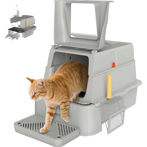 Arenero para gatos, tapa abatible de 180°, diseño de borde alto, gris claro, 63x43x43 cm (1/2)