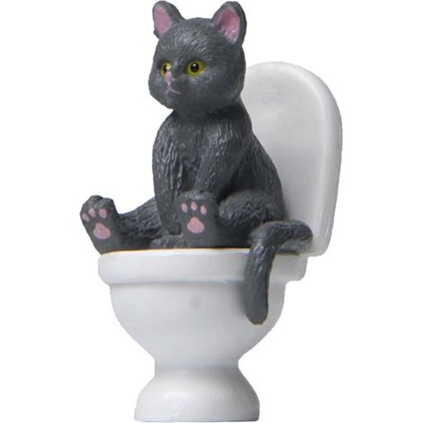 Statue en résine Chat assis sur toilettes, Figurine miniature décor animal, Sculpture ornement gris, Décoration intérieure, Cadeau original (1/5)