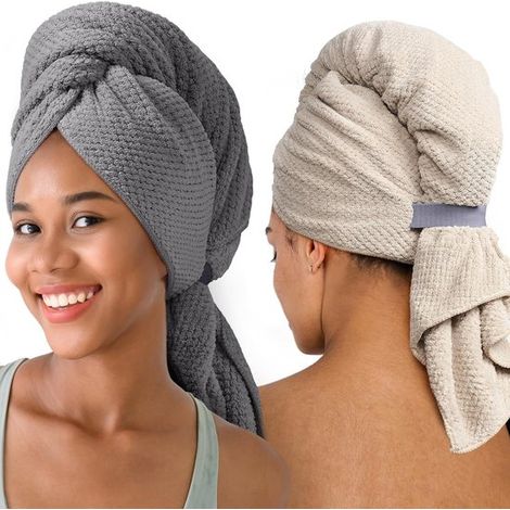 Serviettes - Lot de 2 - Bandeaux pour cheveux - Microfibre - Bandeaux longs - Accessoires de salle de bain - 100 x 60 cm - Beige, gris (1/5)