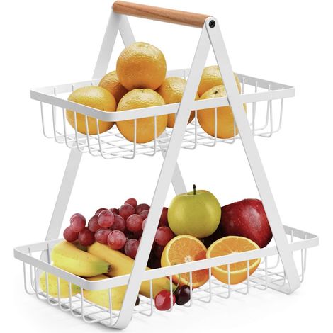[JAMAIS UTILISÉ]Corbeille à fruits à 2 étages, corbeille à fruits en métal, panier à pain, support de rangement pour légumes pour la cuisine, blanc (1/5)