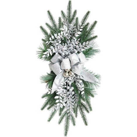 Guirnalda de Navidad artificial de 22 pulgadas en forma de lágrima con gran lazo estampado, bolas de Navidad, rosa, nieve, ramas escarchadas, corona para escaleras para decoración interior C (1/5)