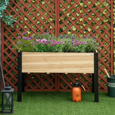 Outsunny Hochbeet Pflanzkasten Blumenkasten Blumentopf Kräuterbeet mit Vliesstoff Massivholz Stahl Natur+Schwarz 120 x 60 x 74 cm (1/5)