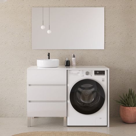 Meuble lave linge 124cm avec plateau et vasque ronde - 3 tiroirs - blanc - CRUZ (1/5)