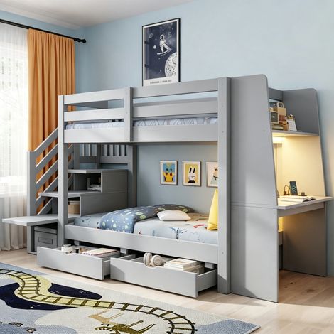 Hochbett für Kinder (277x95x150 cm), mit Schreibtisch, Bücherregal, Schubladen, LED Licht, Holz, Grau (1/5)