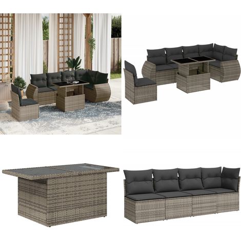 7-tlg. Garten-Sofagarnitur mit Kissen Grau Poly Rattan - Gartenmöbel Set - PE-Rattan Möbel - Outdoor Lounge - Gartenlounge - Terrassenmöbel - Home & Living (1/5)