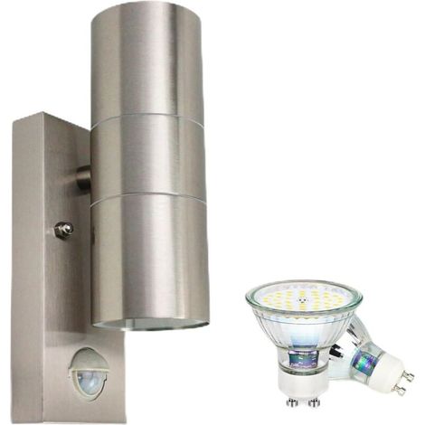 Applique Murale Exterieur, Détecteur de Mouvement acier inoxydable 5W,Luminaire Exterieur LED Moderne GU10 500lm Blanc Chaud 3000K IP44 Étanche 2x GU10 Ampoule (1/4)