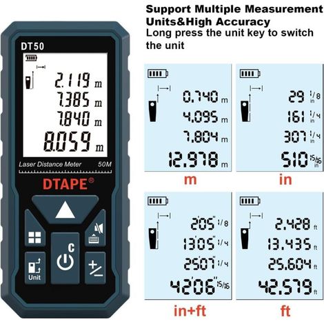 Télémètre Laser Numérique,DT50 50m Mesure du théorème de longueur/Zone/Théorème de Pythagore avec Rétroéclairage LCD (1/5)
