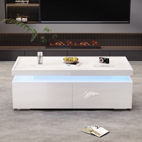 Table basse 95 x 45 x 35 cm LED avec 2 tiroirs rangement ouvert design géométrique moderne salon blanc minimaliste (1/5)