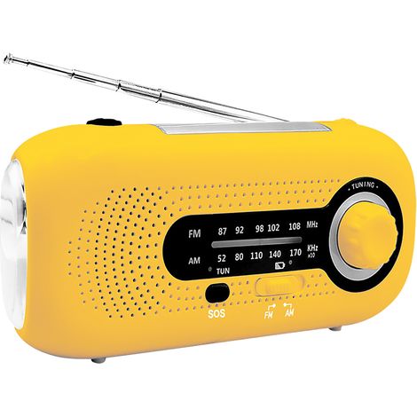 Radio solaire à manivelle avec alarme SOS, radio AM/FM d'urgence, batterie rechargeable, 4 modes, lampe torche, prise casque et port USB pour le camping et la randonnée. (1/5)