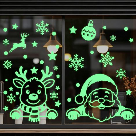 Autocollants Père Noël phosphorescents, autocollants en verre rennes fluorescents, autocollants électrostatiques flocons de neige verts lumineux, décorations de fenêtre.