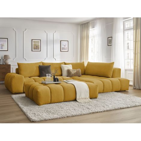 BOBOCHIC - Canapé d'angle fixe EVEREST tissu texturé avec pouf Angle droit Jaune (1/5)