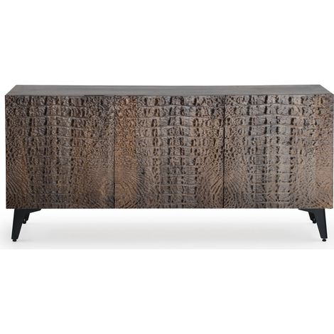 Buffet à trois portes en similicuir crocodile brun taupe, pieds en bois de manguier et métal (1/5)