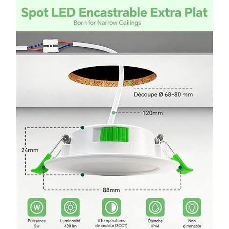 Spot LED Encastrable Extra Plat 5W 480LM, Spot LED Encastrable 68mm-80mm, Blanc Chaud 2700K Blanc Neutre 4000K Blanc Froid 6000K Réglable, IP44 Spots de Plafond LED Salle de Bain (1/3)