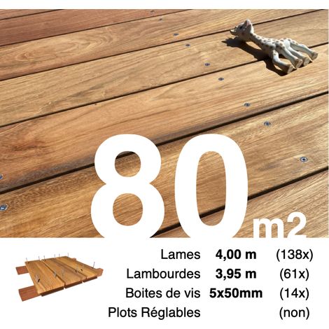 Kit terrasse bois exotique JATOBA pour 80 m² • Lames 4 m, lambourdes 3,95 m et visserie Inox • Livraison gratuite