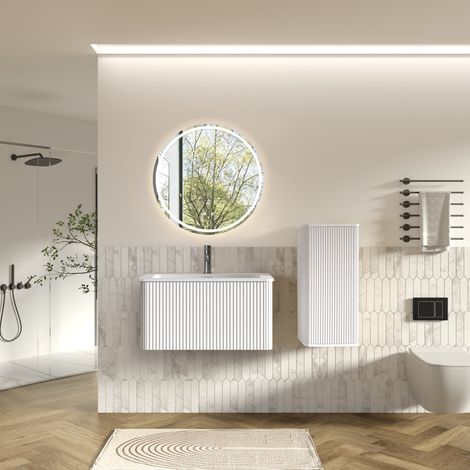 Ensemble meuble salle de bain suspendu 80cm avec vasque en pierre artificielle-miroir LED antibuée-colonne latérale-MDF-Blanc (1/5)