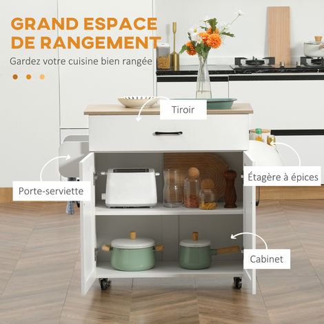 HOMCOM Desserte îlot multi-rangements 1 tiroir 1 placard 2 portes étagère porte-torchons porte-épices bois blanc
