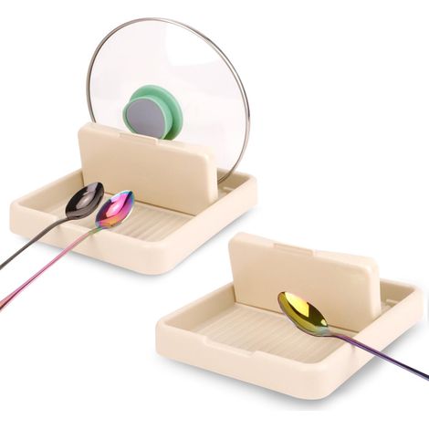 Porte-cuillères 2 pièces avec support couvercle, pour plaque de cuisson, pliable, blanc. (1/5)