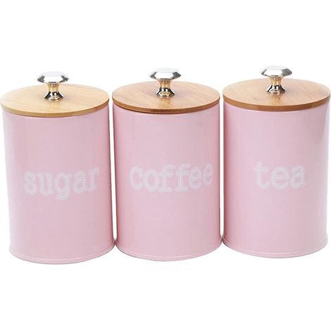 Set aus 3 rosa Vorratsdosen mit luftdichten Bambusdeckeln - moderne Aufbewahrungsbox zum Servieren von Tee, Kaffee, Gewürzen und mehr. (1/5)