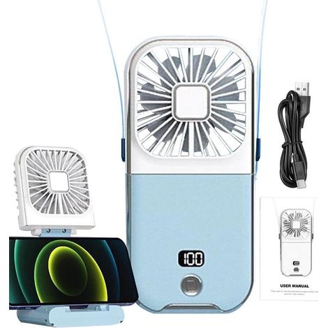 Mini ventilateur à main rechargeable USB avec écran LED, batterie 3000 mAh, ventilateur pliable avec support pour téléphone, portable pour bureau et voyage, bleu clair (1/5)