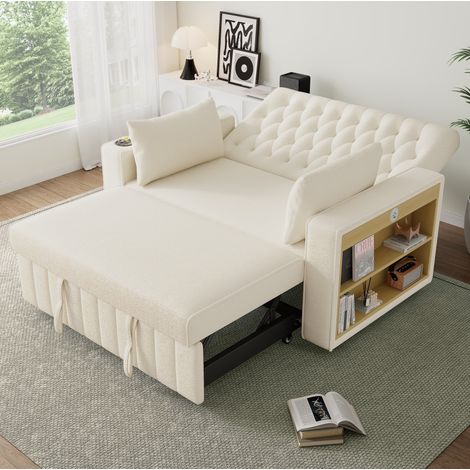 Sofá cama de 2 plazas con respaldo reclinable, USB y almacenamiento, beige HAVRYA (1/5)