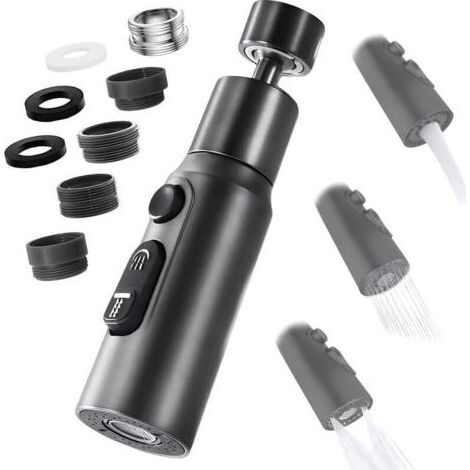 Aérateur de Robinet, 360° Pivotant Embout Robinet Cuisine avec 3 Modes Douchette Mousseur Robinet Economie Eau, Adaptateur Economiseur D'eau Pour Robinet Salle De Bain lavabo (Noir) (1/4)