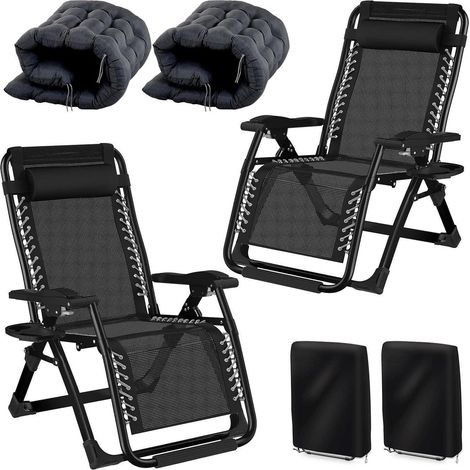 Sonnenliege Klappbar Kissen Getränkehalter 77cm Breit 2er Set Schwarz (1/5)