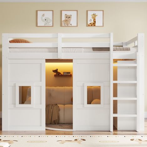 Letto a soppalco moderno in legno bianco 140x200 cm con armadio integrato, 2 finestre, LED e rete a doghe