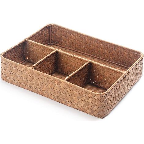 Plateau de rangement pour sachets de thé en jonc de mer 4 sections pour café, sucre et café, panier de rangement divisé pour tiroir, étagère, comptoir