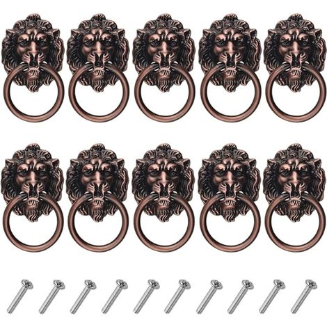 10 PCS Löwenkopf Schublade zieht 2,68 "x 1,56" Antike Bronze Schrankknöpfe Tür Ring zieht Griffe für Schublade Schubladen Schrank (Red Bronze) (1/5)