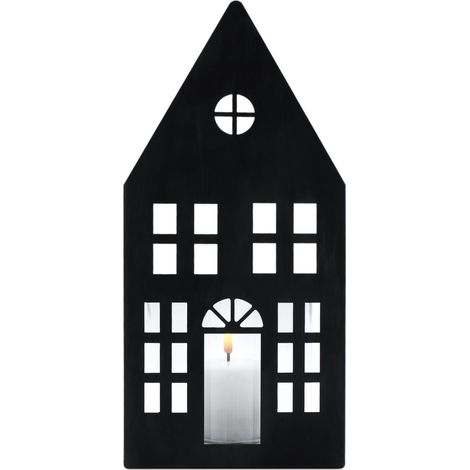 Metall Kerzenhalter Haus Silhouette grau - 28 x 12 cm - Schattenbild Windlicht mit Glaseinsatz - Weihnachtsdorf Skyline Tisch Deko Laterne für Weihnachten Advent Winter