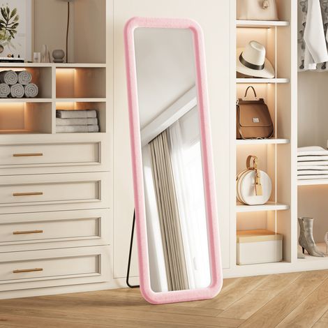 Comanlai - Miroir sur Pied Rectangulaire Arrondi 160 x 50 cm en Flanelle – Grand Miroir Pleine Longueur Mural ou Incliné pour Chambre, Salon et Dressing – Rose (1/5)