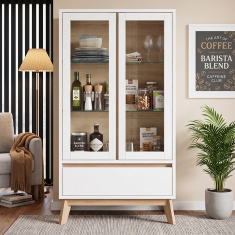 Credenza da cucina bianca effetto legno, 80 x 40 x 150 cm, con ripiani regolabili (1/5)