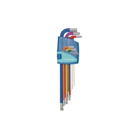 Juego de destornilladores angulares 9 piezas con soporte de plástico, anchos de llave 1,5-10 mm, largos, codificados por colores, con cabeza esférica TW. (1/4)