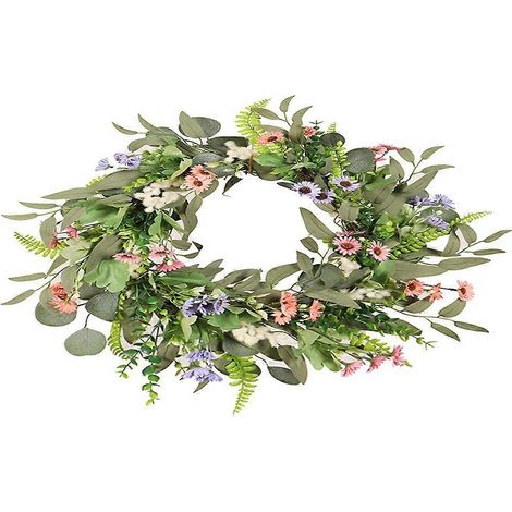 Couronne d'eucalyptus artificiel et de marguerites pour l'extérieur, décoration intérieure et extérieure, 50 x 50 x 5 cm, style romantique, 1 pièce (1/5)