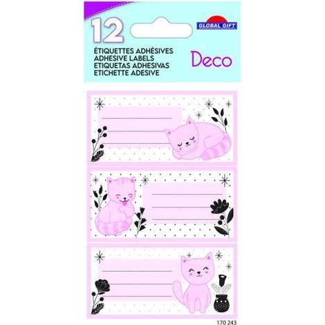 12 étiquettes adhésives scolaires - Rectangle - Chat rose - Dorures