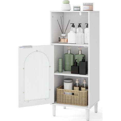 Meuble de Salle de Bain, Rangement en Bois avec Étagère Réglable, Porte en Verre Trempé, Anti-basculement et Pieds en Bois Massif, pour Salon, Blanc (1/5)