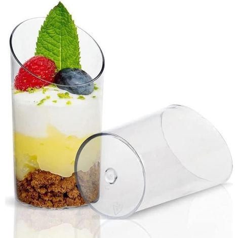 Moules à dessert, 100 mini gobelets à dessert biseautés, 80 ml de gobelets à dessert ronds en plastique, transparents, 8,5 x 4,5 cm (1/4)