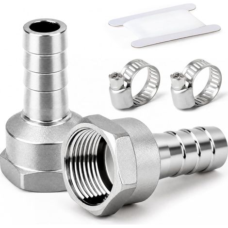 2 PCS Acier inoxydable 304 forgé Raccord de tuyau d'air, conception hexagonale complète, 25MM embout cannelé x 3/4" BSP femelle, avec 2 colliers de serrage (1/5)