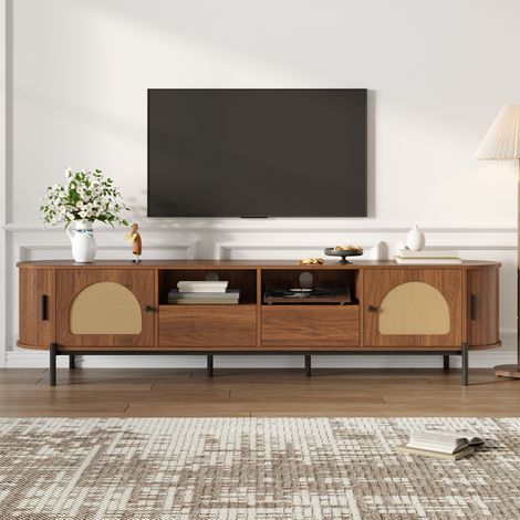 DESMIU Meuble TV avec 2 portes coulissantes, 2 portes, 2 tiroirs et niches ouvertes, pour salon, en MDF, chêne 200 × 40 × 49.5 cm (1/5)