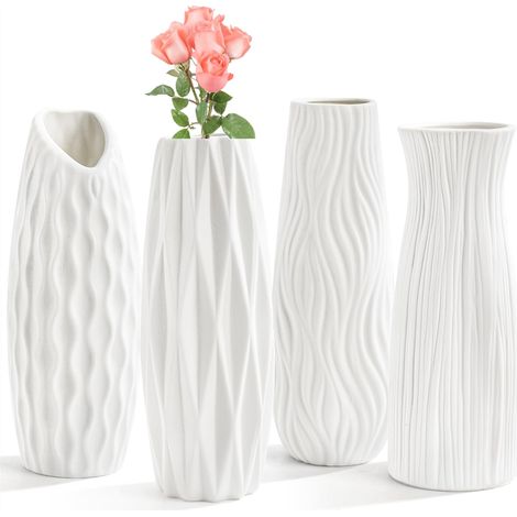 Lot de 4 vases en céramique Blanche de 24,1 cm de Haut pour décoration d'intérieur, vases Floraux Modernes et minimalistes pour Table, étagère, Chambre à Coucher, Cuisine, Salon (1/5)