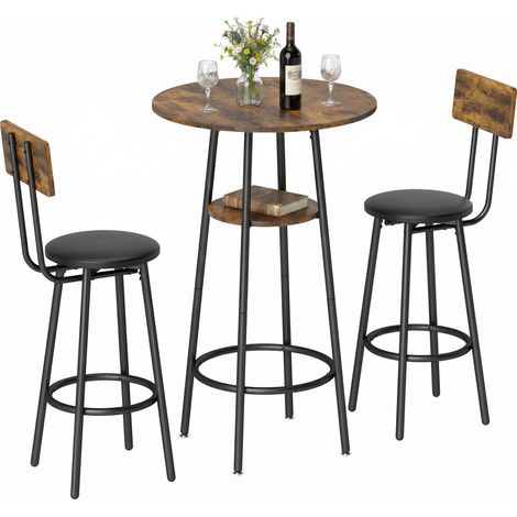 Ensemble table de bar industrielle avec 2 tabourets rembourrés, repose-pieds, structure en métal, table de cuisine avec étagère, marron rustique (1/5)