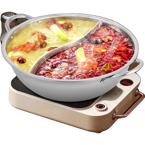 Olla china para fondue, acero inoxidable, diámetro 28 cm, altura 7 cm, base curva para absorción de calor, doble separador de cocción. (1/5)