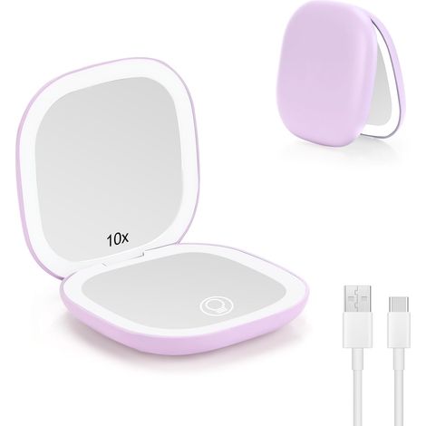 LED Miroir Grossissant, 1X/10X Miroir de Poche Chargement USB, 3 Lumières Réglable, Interrupteur Magnétique Pliable de Maquillage, Portable Grossissant de Voyage (Violet)