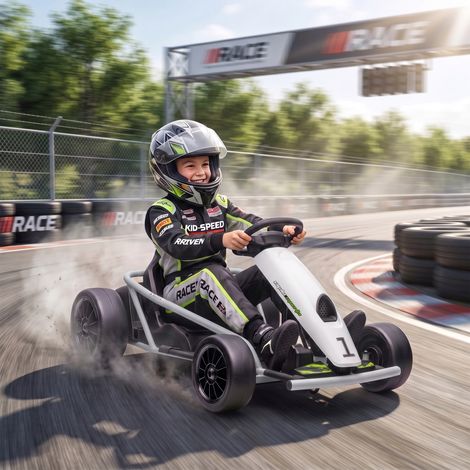 Karting électrique 24 V pour enfants, jusqu'à 13 km/h, avec fonction drift, équipé de 2 moteurs, pour les 8-12 ans, blanc (1/5)
